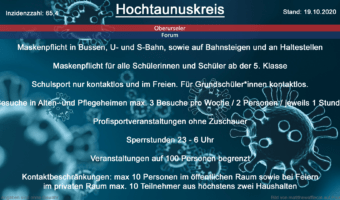 Die Inzidenzzahl für den Hochtaunuskreis steht heute bei 65,4 (Quelle: RKI)