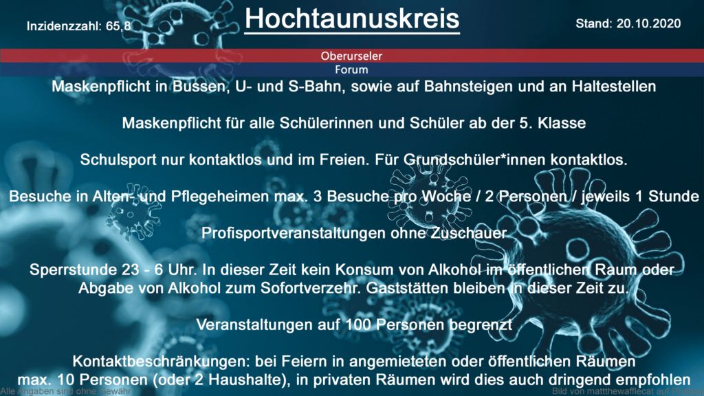 Die Inzidenzzahl für den Hochtaunuskreis steht heute bei 65,8 (Quelle: RKI)