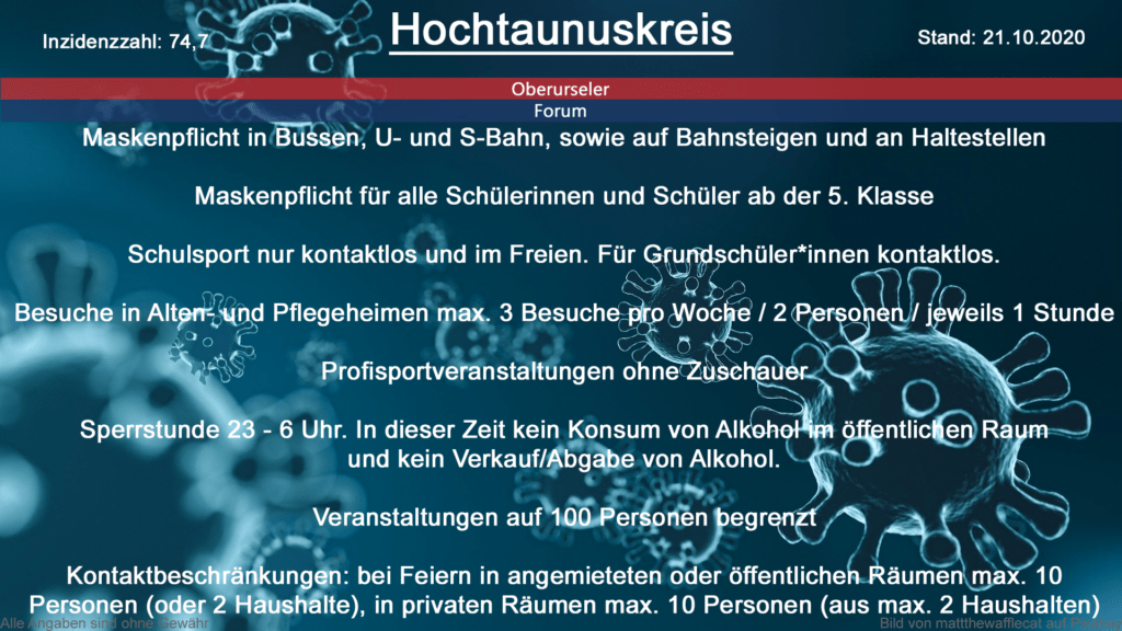 Die Inzidenzzahl für den Hochtaunuskreis steht heute bei 74,7 (Quelle: RKI)