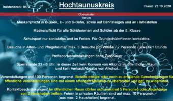 Die Inzidenzzahl für den Hochtaunuskreis steht heute bei 84,0 (Quelle: RKI)