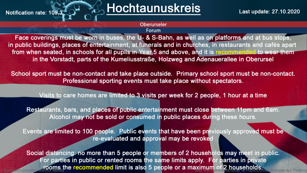 The notification rate in Hochtaunuskreis is currently at 109,3 (Source: RKI)
