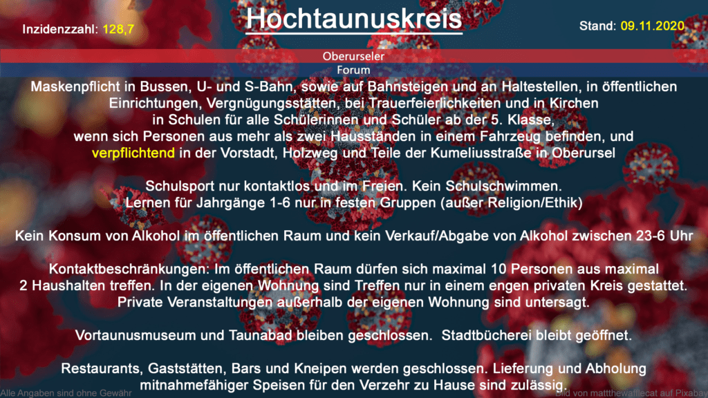 Die Inzidenzzahl für den Hochtaunuskreis steht heute bei 128,7 (Quelle: RKI)