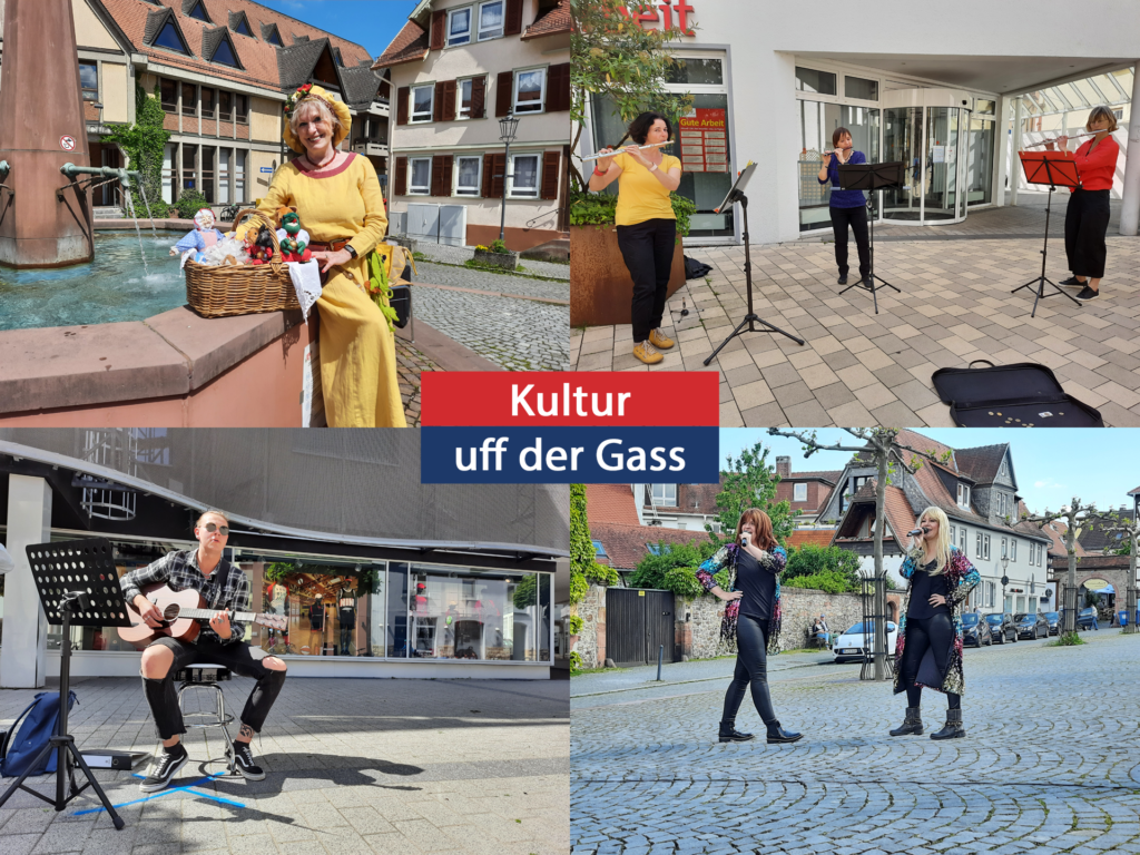 #kulturuffdergass in Oberursel mit Angela Behrs (oben links), Heike Knäbel Querflötten Trio, Ian Hrubik Gitarre & Abba Show Anjuschka Uher (unten rechts, l.) und Sabrina Klüber (unten rechts, r.) am 29. Mai 2021 in Oberursel