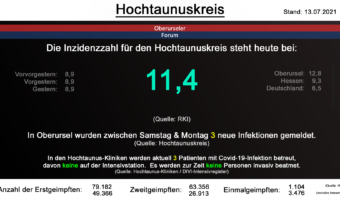 Die Inzidenzzahl für den Hochtaunuskreis steht heute bei 11,4. (Quelle: RKI)