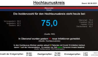 Die Inzidenzzahl für den Hochtaunuskreis steht heute bei 75,0. (Quelle: RKI)
